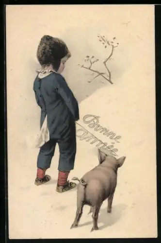 AK Junge pinkelt Bonne Armee in den Schnee, Schwein schaut ihm zu, Toilettenhumor