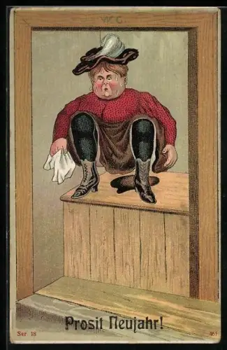AK Frau auf einem Plumpsklo, Prosit Neujahr