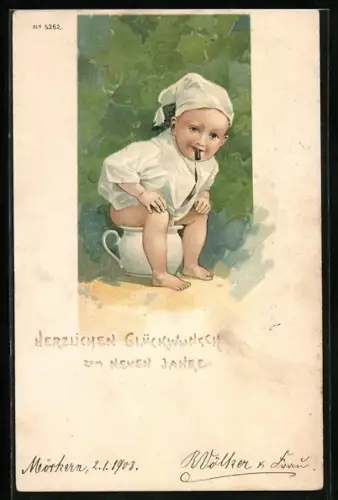AK Kleines Kind auf einem Nachttopf. Neujahrsgruss