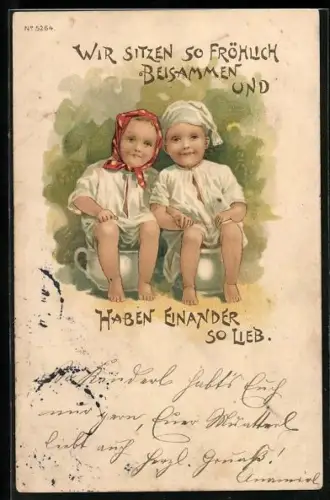 AK Kinderpaar sitzt auf Nachttöpfen, Toilettenhumor