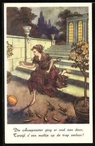 Künstler-AK Aschenputtel verliert den Schuh auf der Treppe