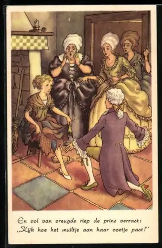 Künstler-AK Aschenputtel zieht ihren Schuh an