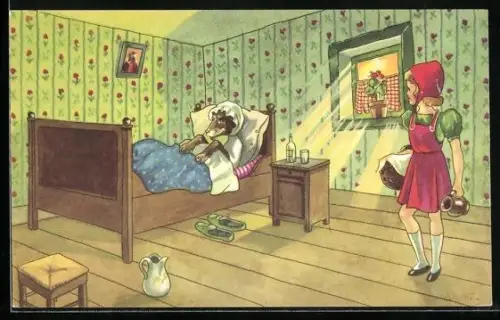 AK Rotkäppchen findet den Wolf im Bett ihrer Grossmutter