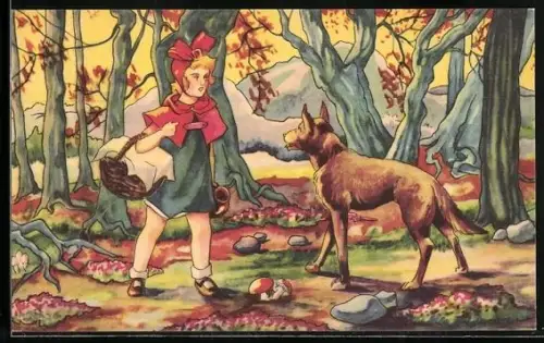 AK Rotkäppchen und der Wolf im Wald
