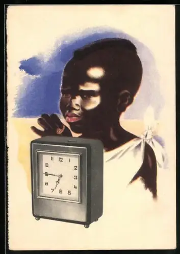 Künstler-AK Bologny, Instituto Nazionale delle Assicurazioni, Agenzia Generale, Afrikaner mit Wecker, Bank