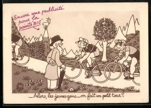 AK Radsport, Alter Herr am Strassenrand mit jungen Männern auf Rennrädern