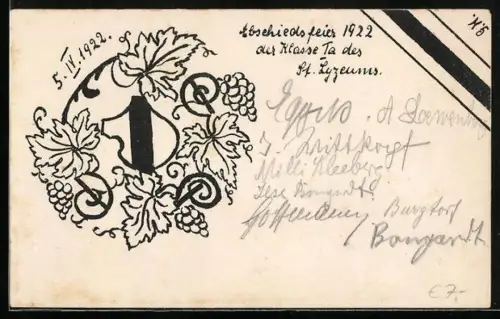 AK Absolvia, Abschiedsfeier 1922 der Klasse Ia des St. Lyzeums, Zahl eins mit Weintrauben
