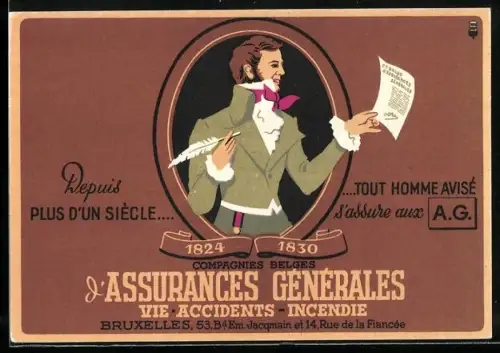 Künstler-AK Bruxelles, Assurances Générales, 53, Bd. Em. Jacqmain et 14, Rue de la Fiancée, Herr mit Papier und Feder