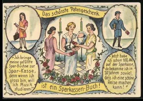 Künstler-AK Berlin, Sparkase der Stadt Berlin, Mühlendamm 1, Frauen mit einem Baby, Bank