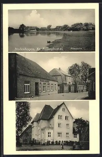 AK Hodenhagen, Strassenpartie am Geschäftshaus Willy Runge, Allerpartie