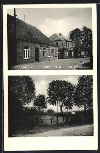 AK Hodenhagen /Kr. Fallingbostel, Geschäftshaus, Sportplatz