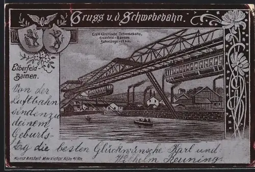 Metallfolie-AK Elberfeld-Barmen, Erste elektrische Schwebebahn