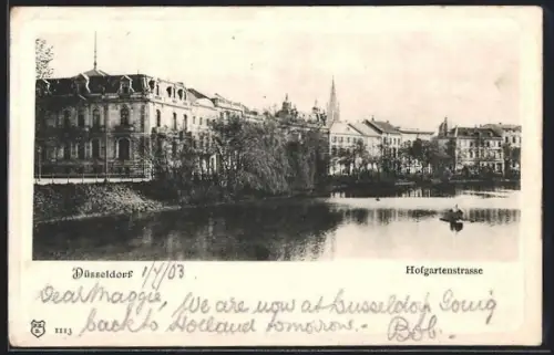 AK Düsseldorf, Hofgartenstrasse mit Flusspartie