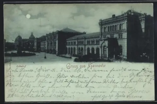 Mondschein-AK Hannover, Bahnhof mit Strassenpartie