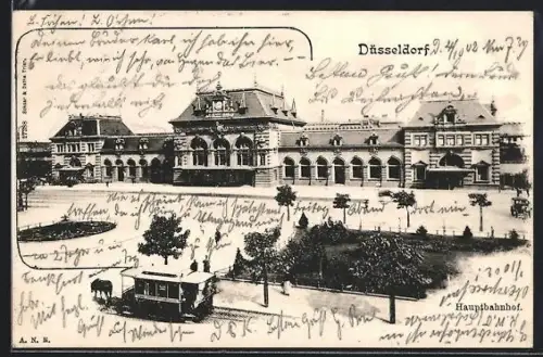 AK Düsseldorf, Hauptbahnhof mit Pferdebahn