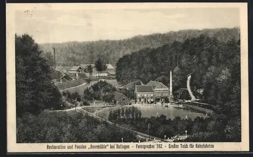 AK Ratingen, Restaurant & Pension Auermühle mit grossem Teich für Kahnfahrten