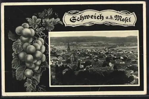 AK Schweich a. d. Mosel, Teilansicht mit Kirche, Weintrauben, Passepartout