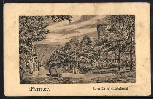 Künstler-AK Barmen, Am Kriegerdenkmal mit Strassenbahn