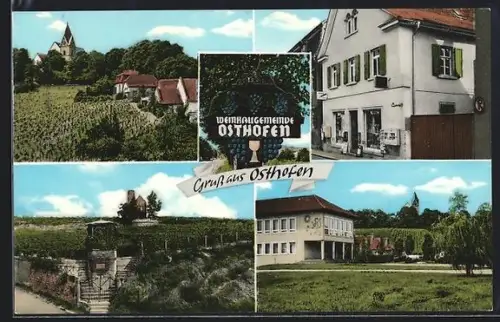 AK Osthofen, Ortspartie mit Kirche, F. u. M. Kowalinski Schreibwaren und Bürobedarf