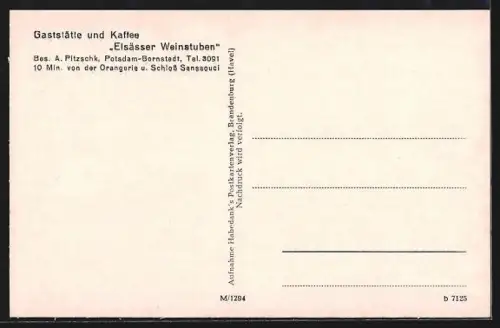 AK Potsdam-Bornstedt, Gaststätte und Café Elsässer Weinstuben, Bes. A. Pitzschk