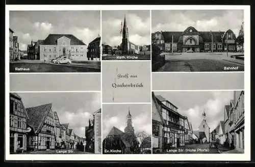 AK Quakenbrück, Rathaus, Bahnhof, Lange Str., Kath. Kirche, Ev. Kirche