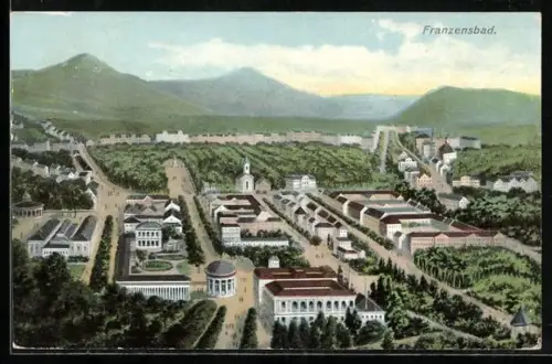 Künstler-AK Franzensbad, Teilansicht mit Kirche und Strassenpartie