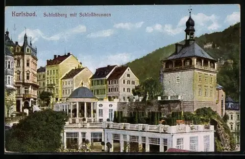 AK Karlsbad, Schlossberg mit Schlossbrunnen