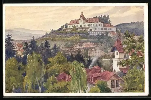 Künstler-AK Hans Götzinger: Marienbad, Teilansicht aus der Vogelschau, Cafe Egerländer