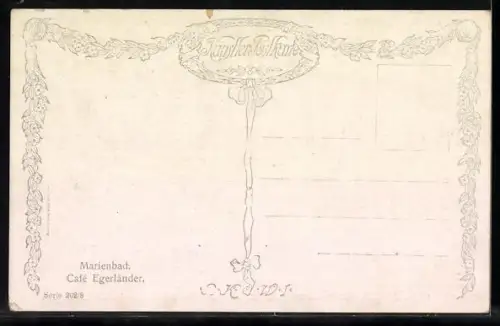 Künstler-AK Hans Götzinger: Marienbad, Teilansicht aus der Vogelschau, Cafe Egerländer