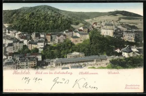 AK Karlsbad, Blick von der Hubertusburg mit Mühlbrunnen und Westend