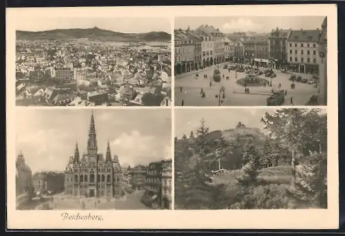 AK Reichenberg, Rathaus, Marktplatz mit Strassenbahn, Ortspartie