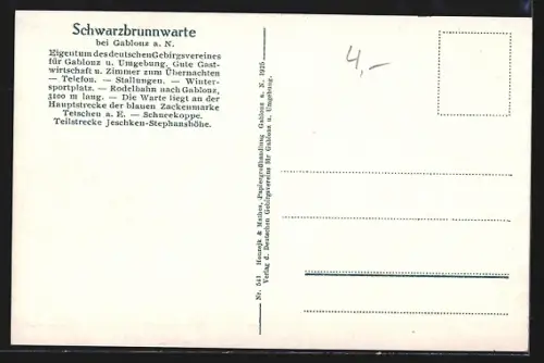 AK Gablonz a. N., Schwarzbrunnwarte auf der Schwarzbrunnkoppe