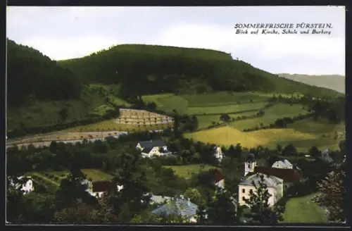 AK Pürstein, Blick auf Kirche, Schule und Burberg