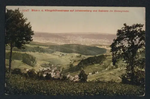 AK Gablonz, Blick von der Königshöhenstrasse auf Johannesberg und den Ort