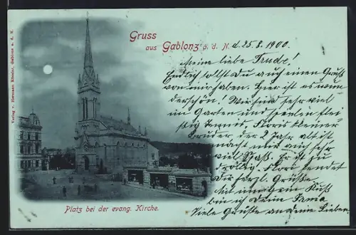 Mondschein-AK Gablonz a. d. N., Platz bei der evang. Kirche