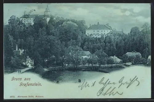 Mondschein-AK Grafenstein, Schloss mit Parkanlagen