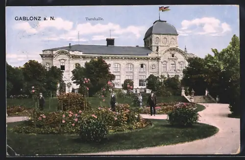 AK Gablonz a. N., Turnhalle mit Anlagen