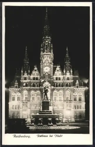AK Reichenberg, Rathaus bei Nacht
