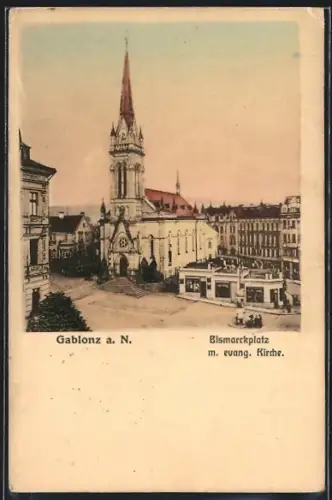 AK Gablonz a. N., Bismarckplatz mit evang. Kirche