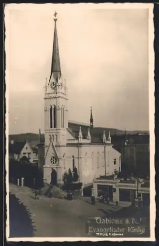 AK Gablonz a. N., Evangelische Kirche und Fahrradgeschäft