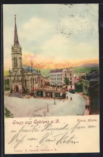 AK Gablonz a. N., Evangelische Kirche mit Strassenbahn