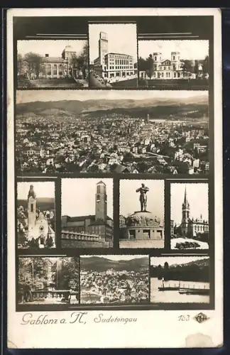 AK Gablonz a. N., Stadtansicht, Kirche, Flusspartie