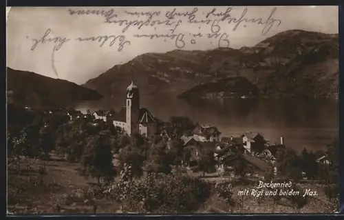 AK Beckenried, Teilansicht mit Kirche, Rigi und beiden Nas