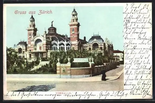 AK Zürich, Tonhalle mit Strassenpartie