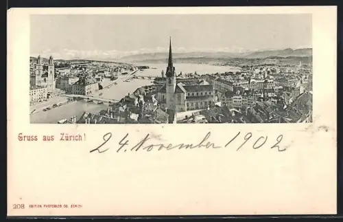 AK Zürich, Teilansicht mit Kirche