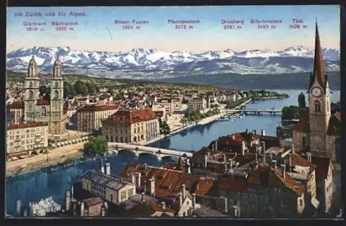 AK Zürich, Teilansicht und die Alpen: Glärnisch, Drusberg und Tödi