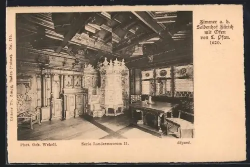 AK Zürich, Landesmuseum, Zimmer a. d. Seidenhof mit Ofen von L. Pfau