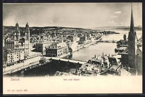 AK Zürich, Teilansicht mit Kirche, See und Alpen