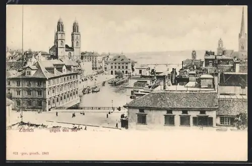 AK Zürich, Uferpartie mit Kirche gegen den See