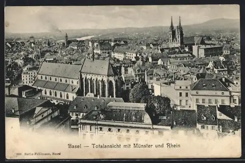 AK Basel, Teilansicht mit Münster und Rhein